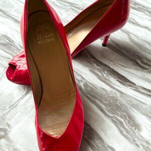 Stuart Weitzman Red Patent Leather Peep Toe Heels-Great Condition-Size 8.5